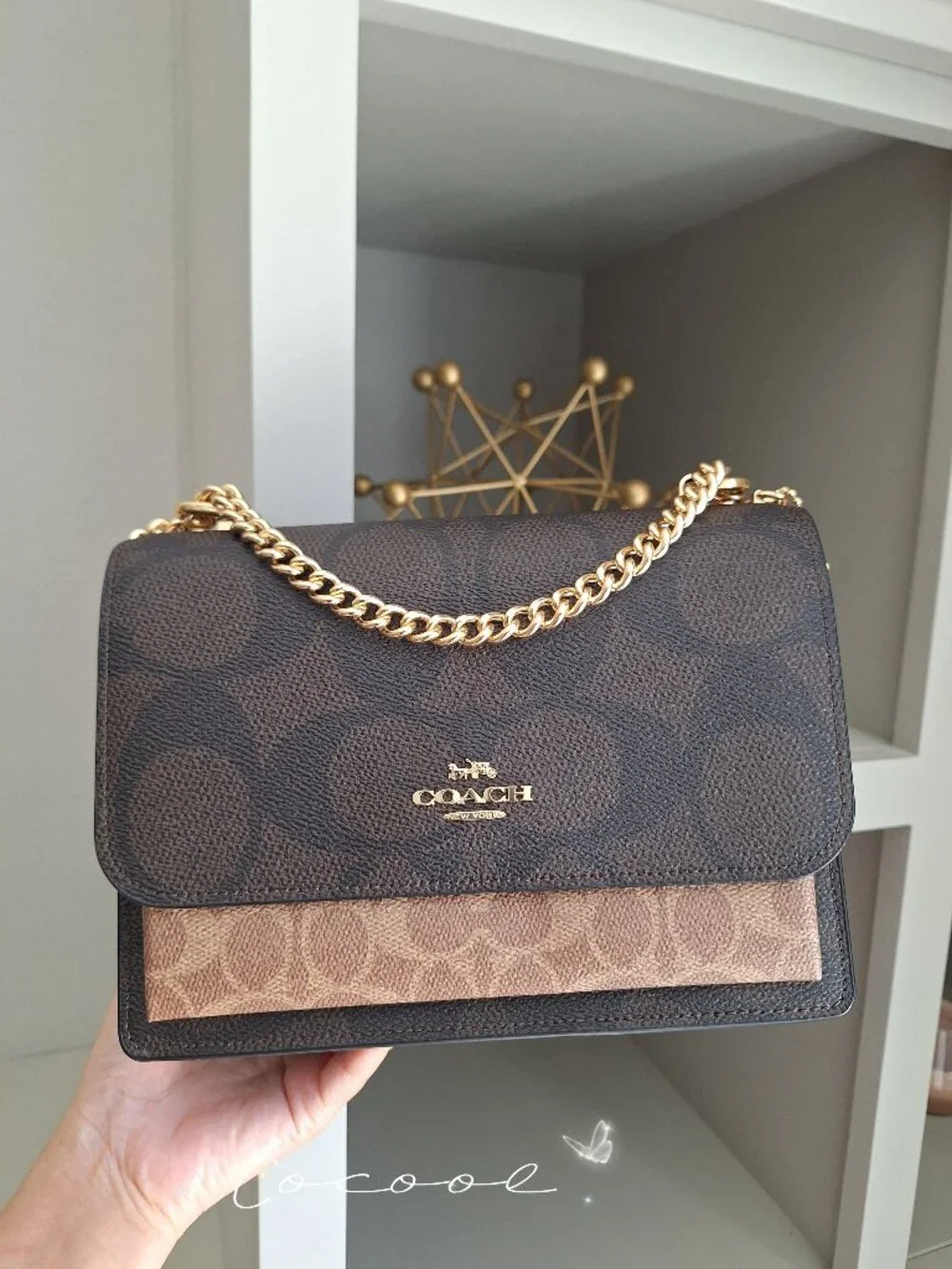 NWT Coach Klare Crossbody Chain Strap Bag Gold Walnut Tan Leather Canvas CY678